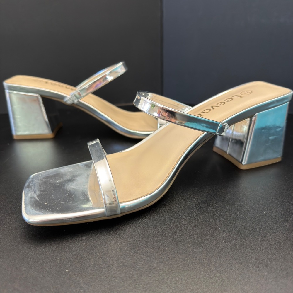 Leevar Silver Metallic Block Heel Slide Mules Square Toe Strappy Sandal Size 7.5